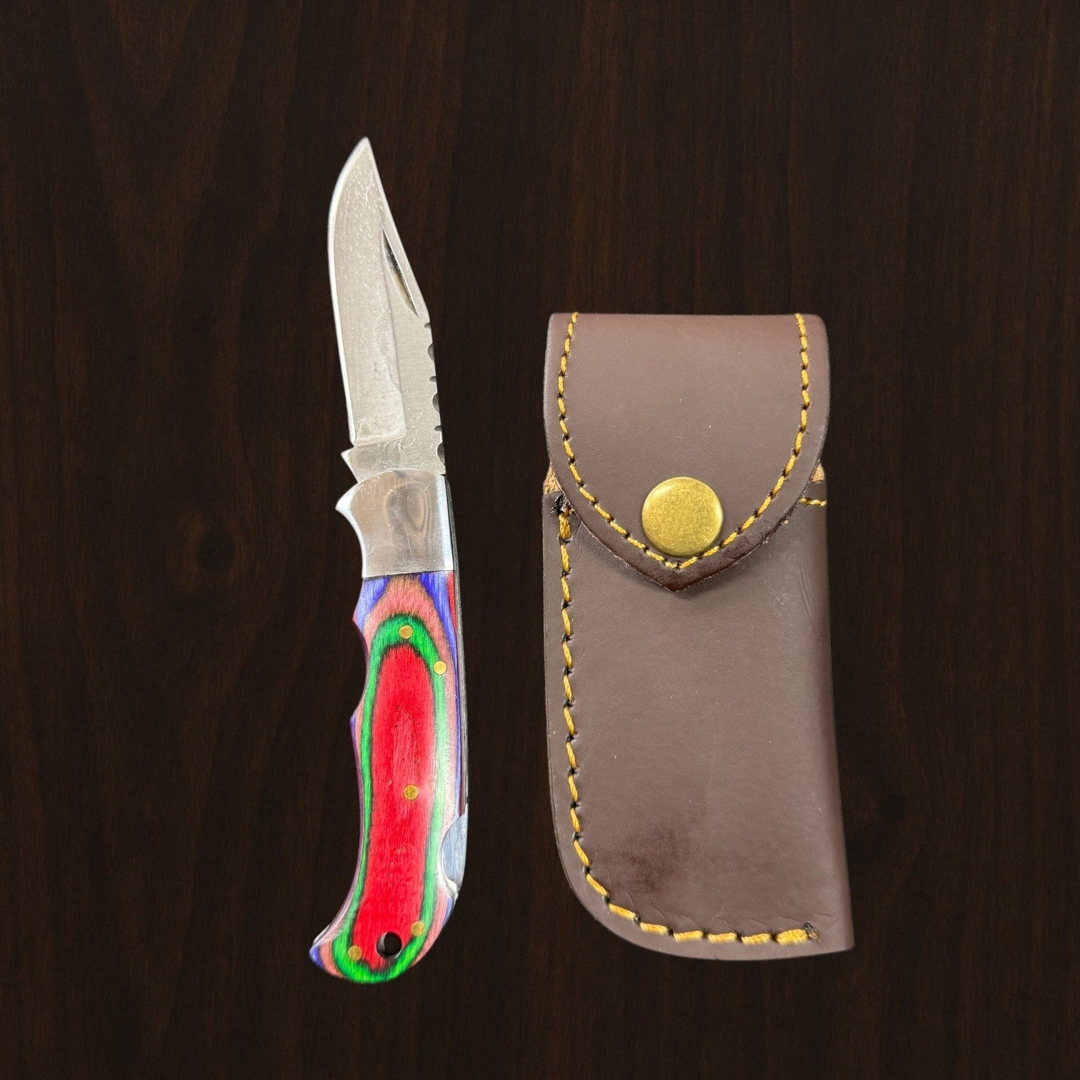 12C27 Stainless Steel Folding Pocket Knife — Pakkawood Handle + Leather Sheath |