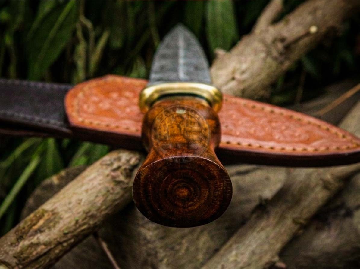 Handmade Damascus Steel Boot Knife with Rosewood Handle & Leather Sheath