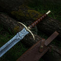 Damascus Steel Battle Ready Sword Full Tang with Leather Sheath-Brass Sword-