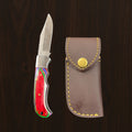12C27 Stainless Steel Folding Pocket Knife — Pakkawood Handle + Leather Sheath |