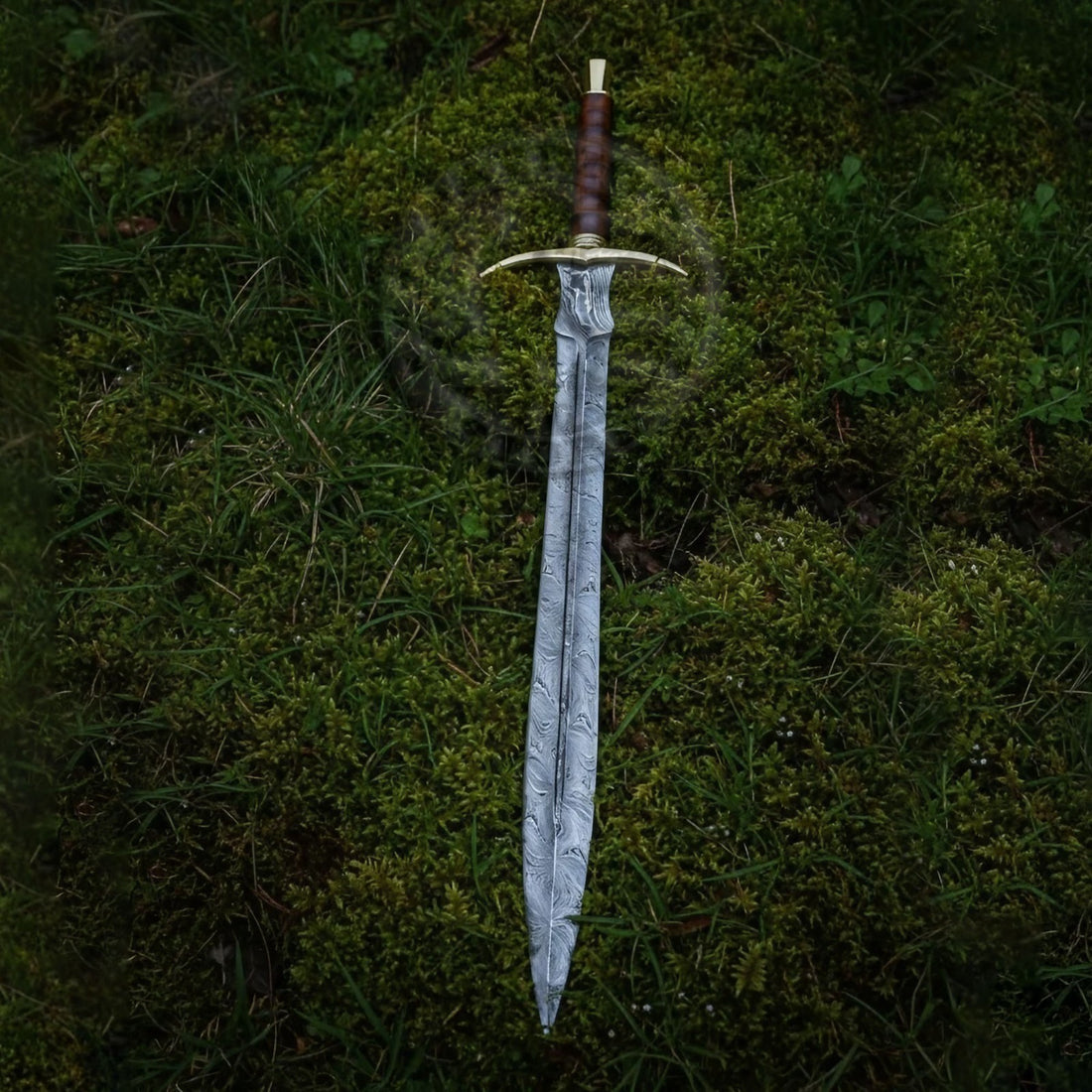 Damascus Steel Double Edge Medieval Sword Full Tang Rosewood Handle-Brass Sword-