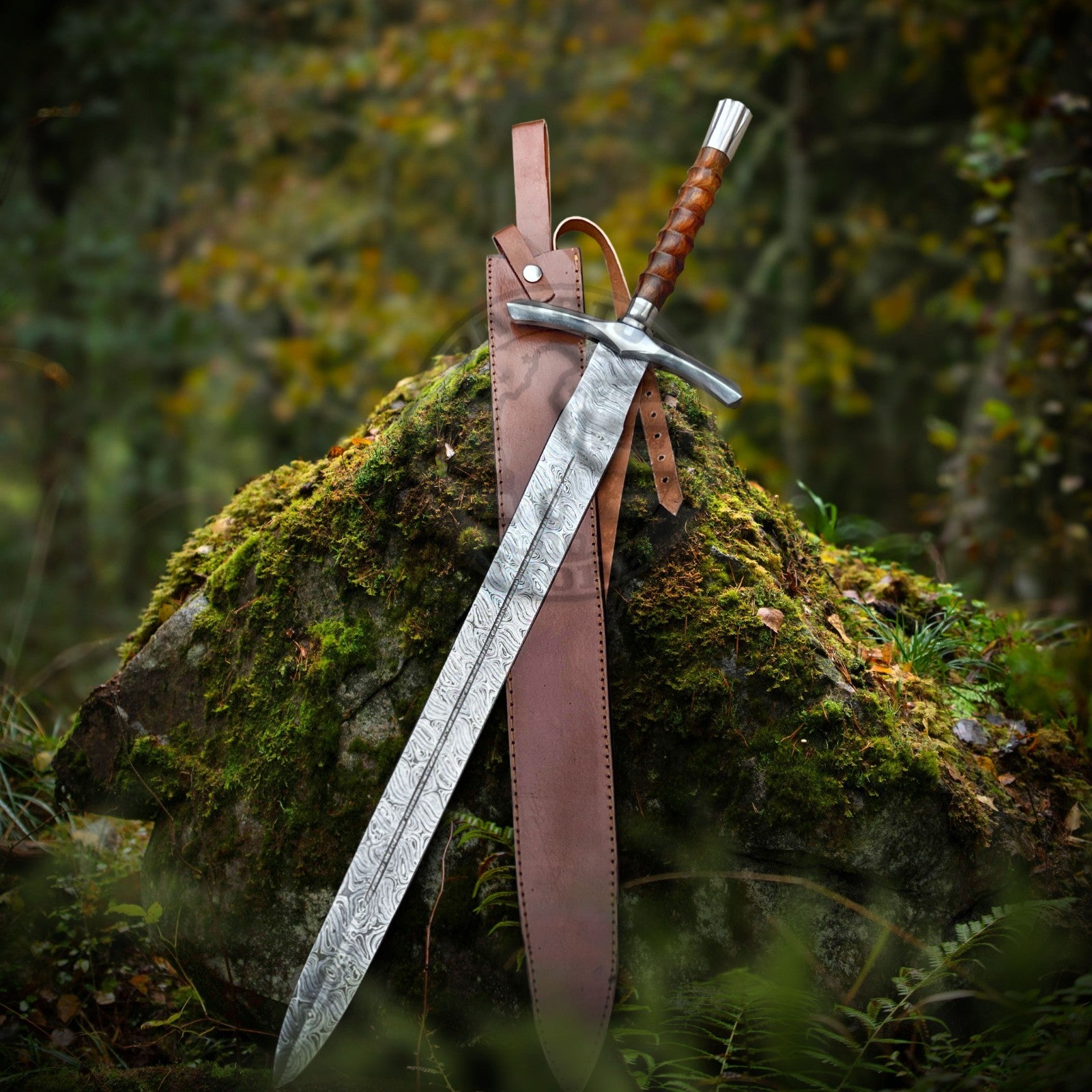 Damascus Viking Sword Hand Forged Full Tang with Leather Sheath-Damascus Sword-