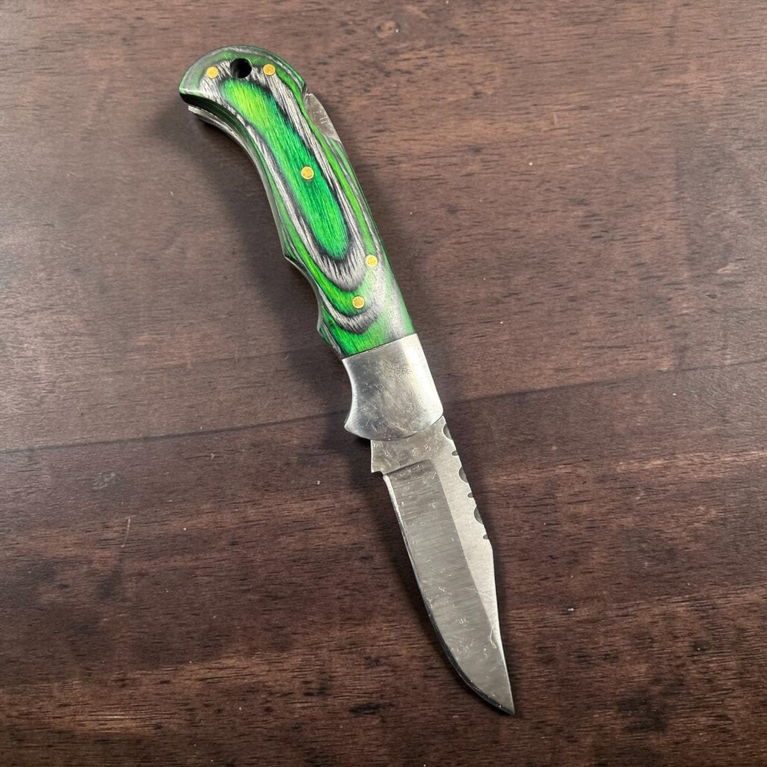 12C27 Stainless Steel Folding Pocket Knife — Green & Black Pakkawood Handle + Le