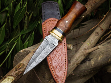 Handmade Damascus Steel Boot Knife with Rosewood Handle & Leather Sheath