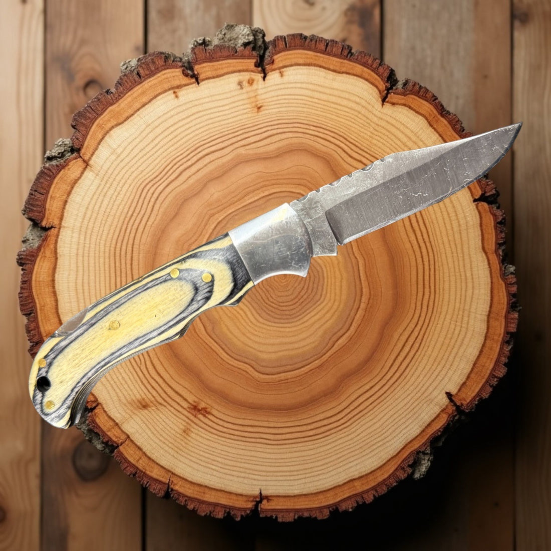 12C27 Stainless Steel Folding Pocket Knife — Pakkawood Handle + Leather Sheath |