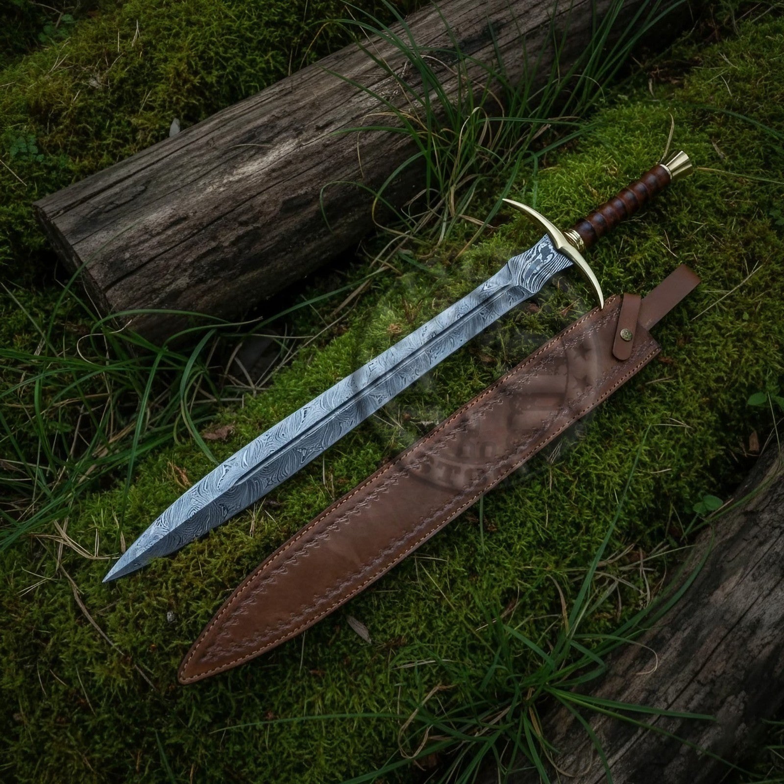 Battle Ready Damascus Steel Medieval Sword with Leather Sheath USA -Brass Sword-