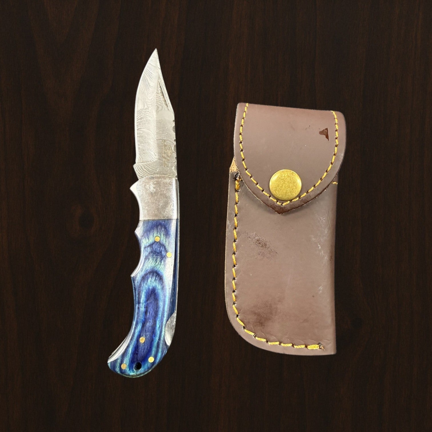 12C27 Stainless Steel Folding Pocket Knife — Pakkawood Handle + Leather Sheath |