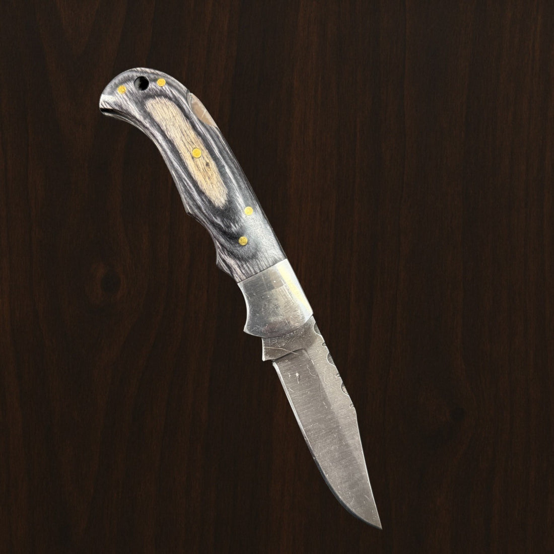12C27 Stainless Steel Folding Pocket Knife — Pakkawood Handle + Leather Sheath |