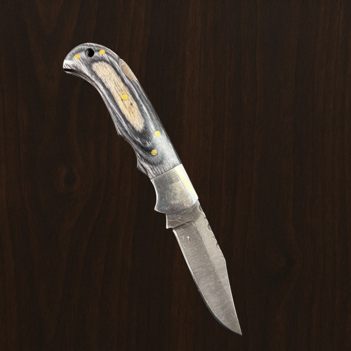 12C27 Stainless Steel Folding Pocket Knife — Pakkawood Handle + Leather Sheath |