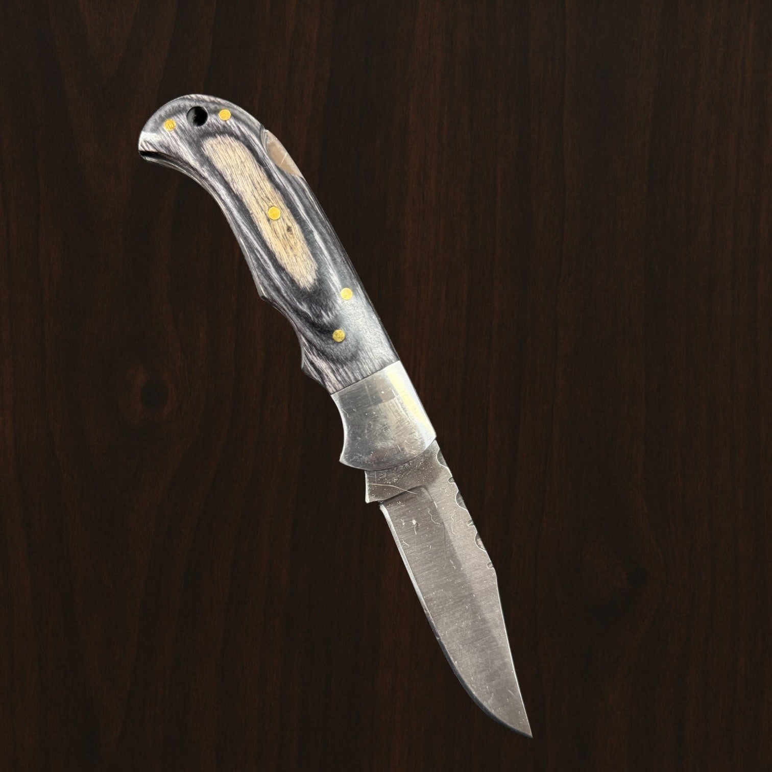 12C27 Stainless Steel Folding Pocket Knife — Pakkawood Handle + Leather Sheath |