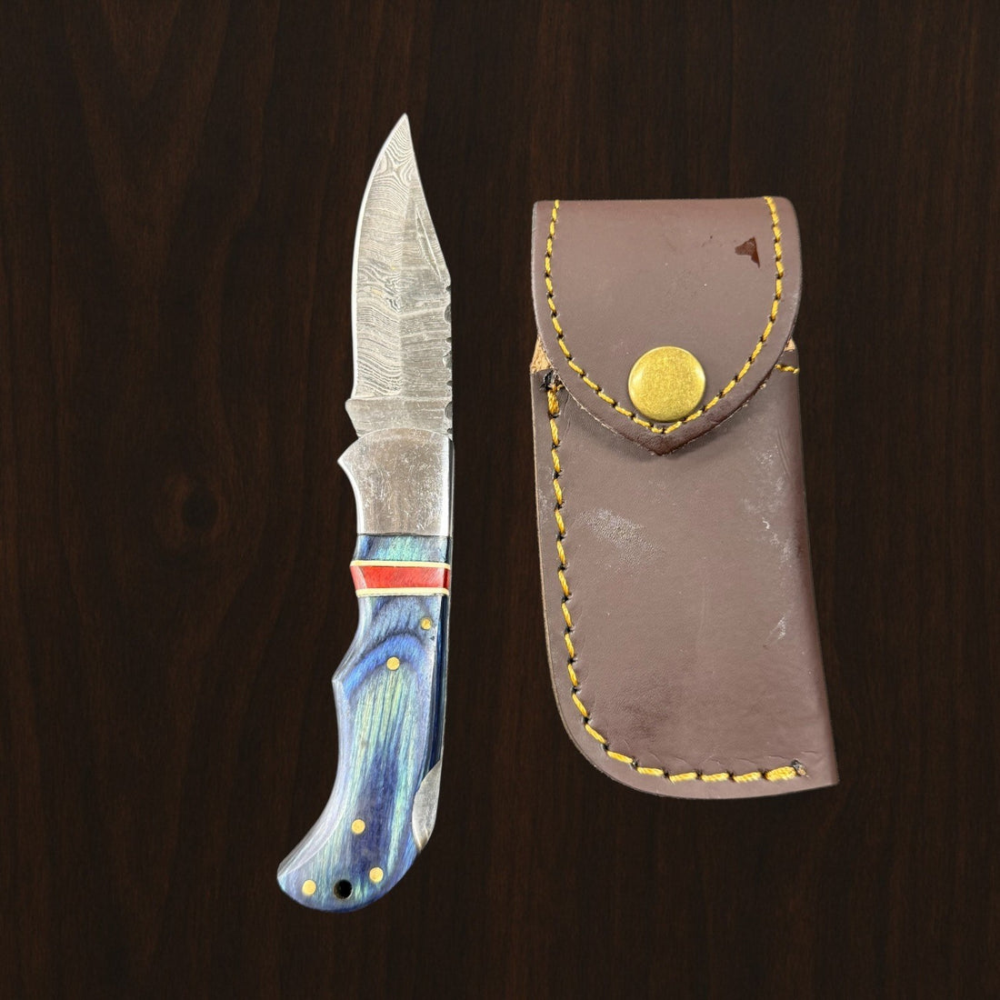 12C27 Stainless Steel Folding Pocket Knife — Pakkawood Handle + Leather Sheath |