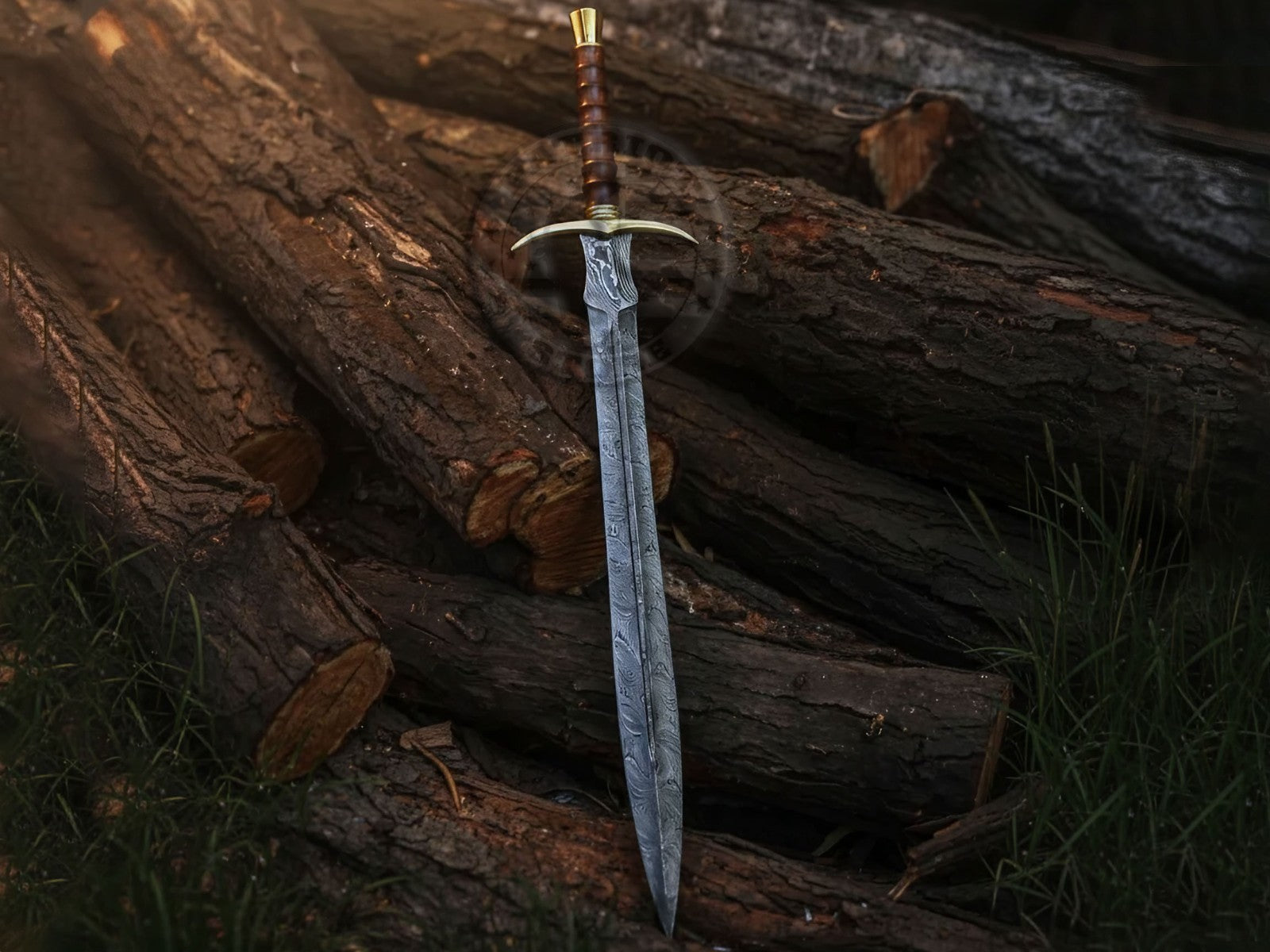 Damascus Steel Medieval Sword Battle Ready with Leather Sheath-Brass Sword-