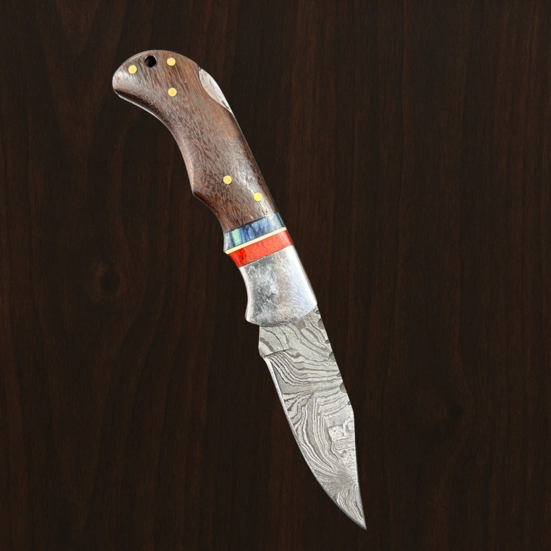 12C27 Stainless Steel Folding Pocket Knife — Pakkawood Handle + Leather Sheath |
