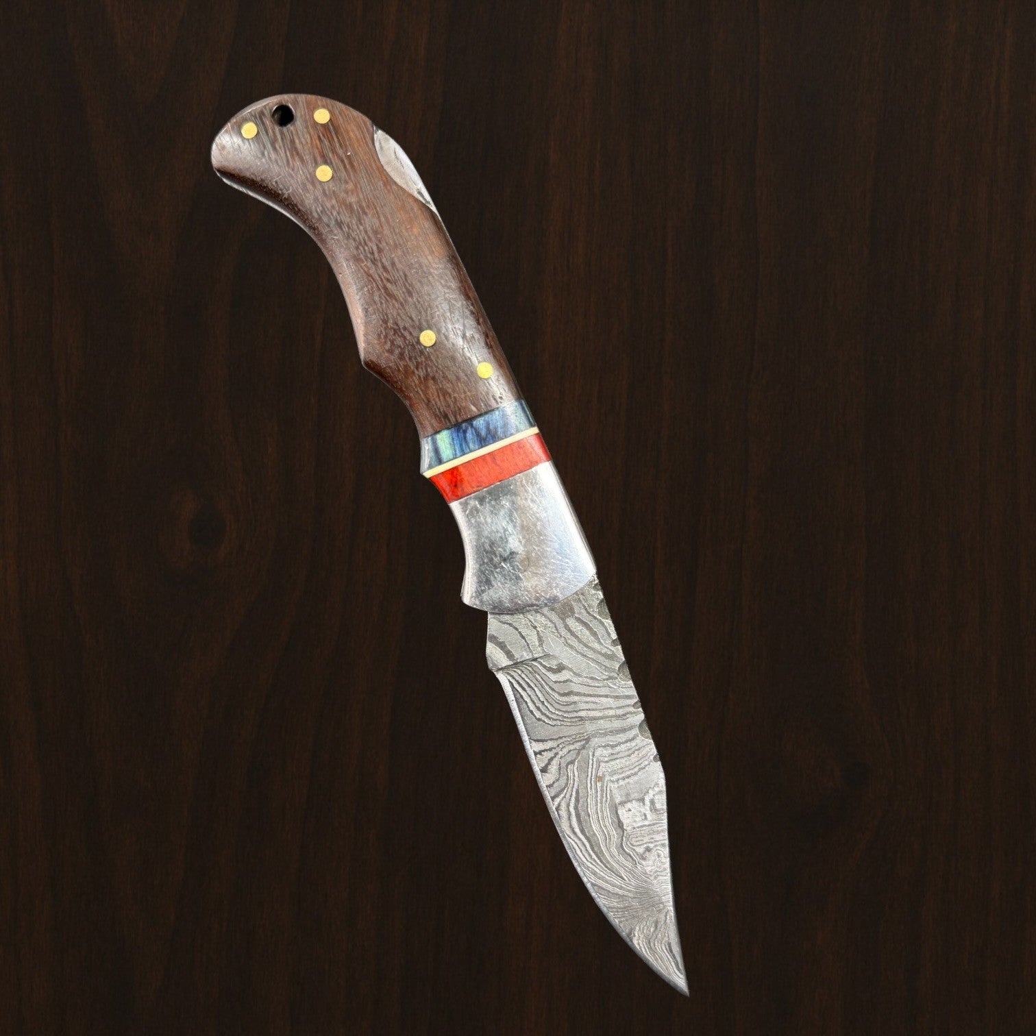12C27 Stainless Steel Folding Pocket Knife — Pakkawood Handle + Leather Sheath |