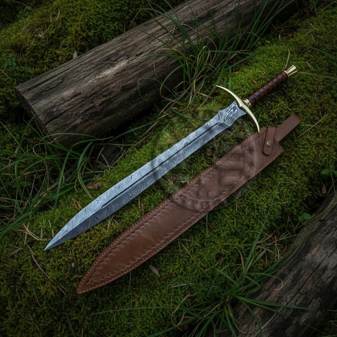 Damascus Steel Battle Ready Sword Full Tang with Leather Sheath-Brass Sword-