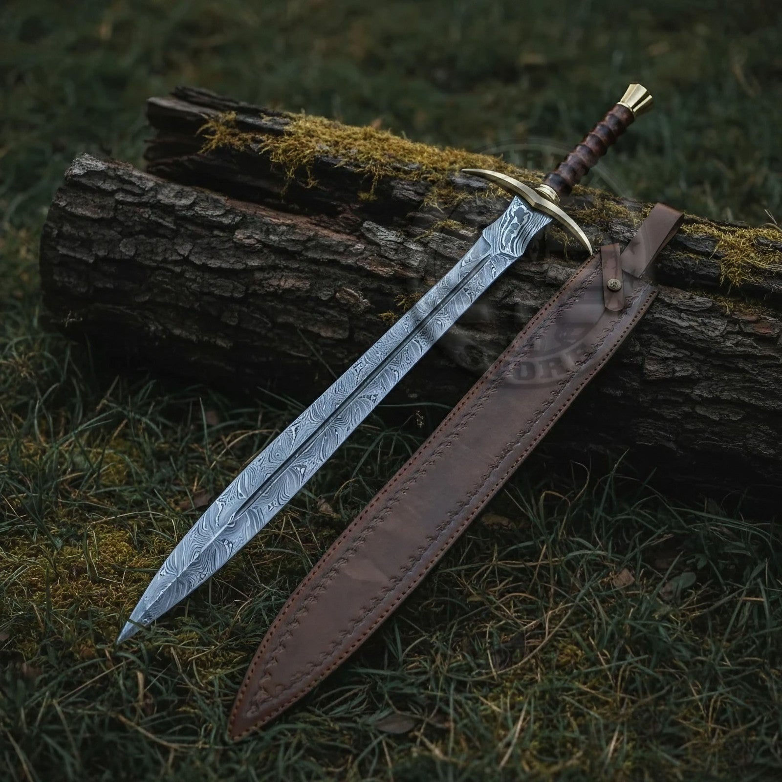 Damascus Steel Double Edge Medieval Sword Full Tang Rosewood Handle-Brass Sword-