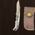 12C27 Stainless Steel Folding Pocket Knife — Pakkawood Handle + Leather Sheath |