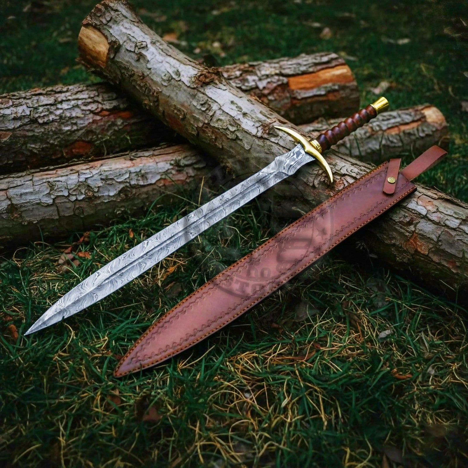 Damascus Steel Double Edge Medieval Sword Full Tang Rosewood Handle-Brass Sword-