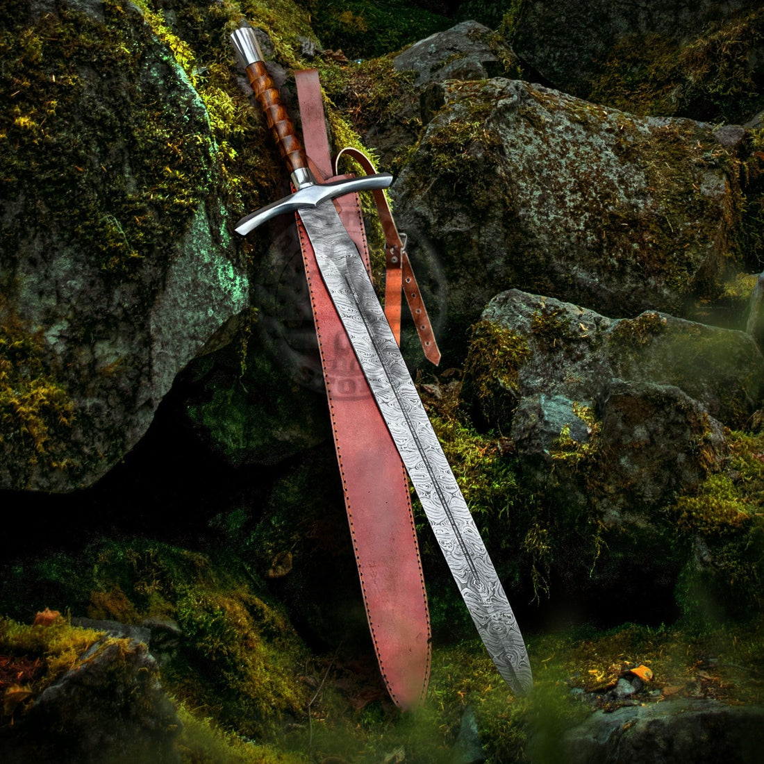 Damascus Viking Sword Hand Forged Full Tang with Leather Sheath-Damascus Sword-
