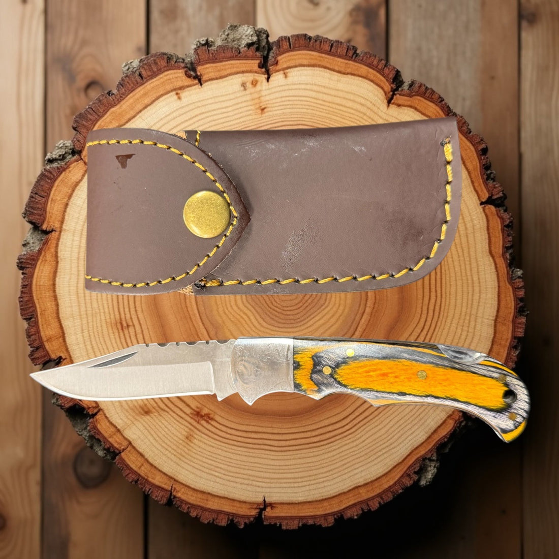 12C27 Stainless Steel Folding Pocket Knife — Pakkawood Handle + Leather Sheath |