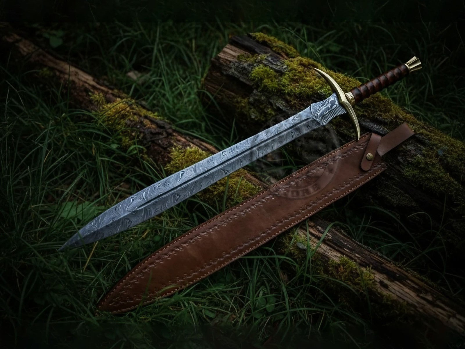 Damascus Steel Battle Ready Sword Full Tang with Leather Sheath-Brass Sword-