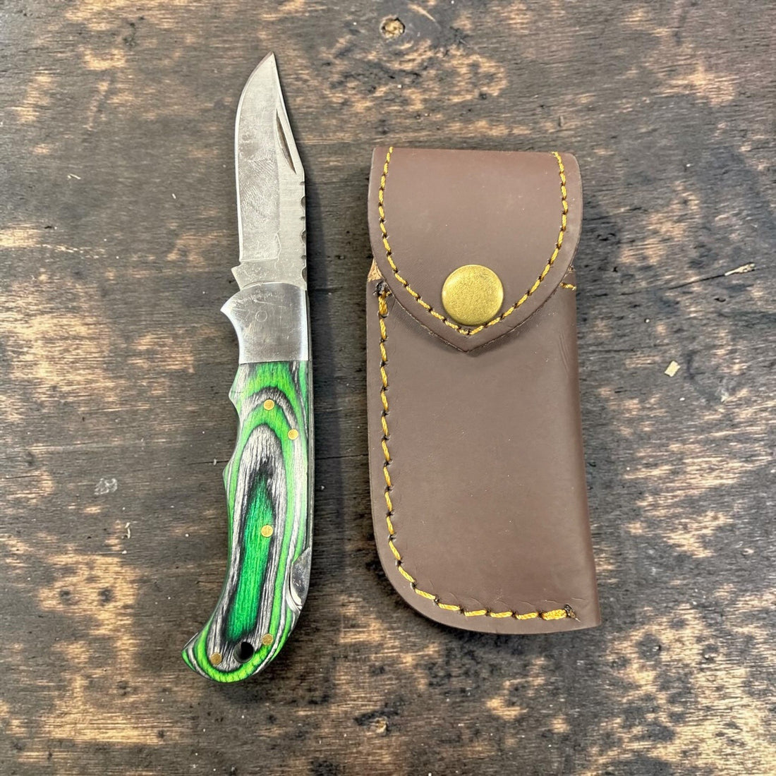 12C27 Stainless Steel Folding Pocket Knife — Green & Black Pakkawood Handle + Le