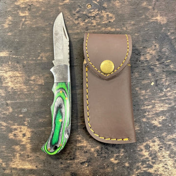 12C27 Stainless Steel Folding Pocket Knife — Green & Black Pakkawood Handle + Le