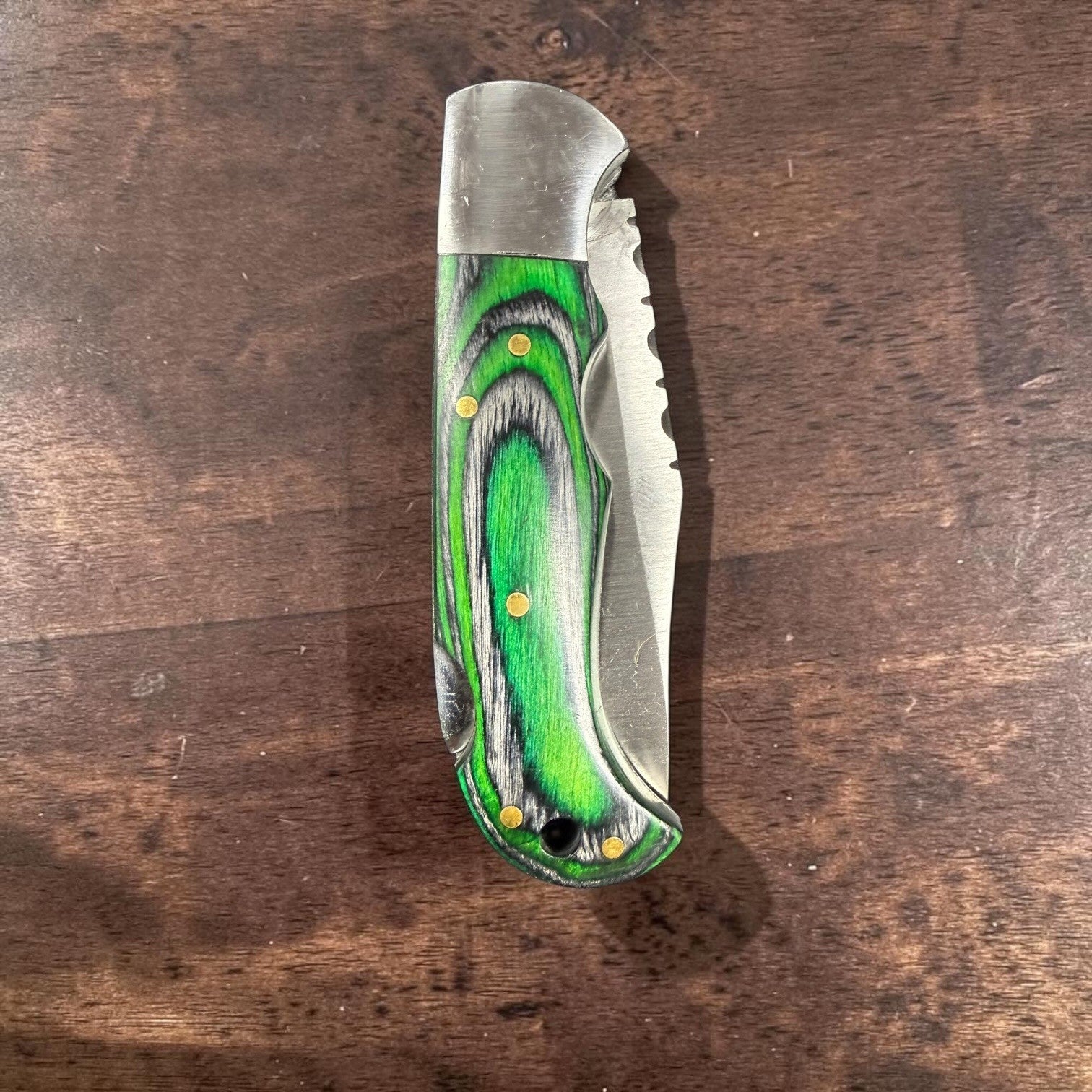 12C27 Stainless Steel Folding Pocket Knife — Green & Black Pakkawood Handle + Le