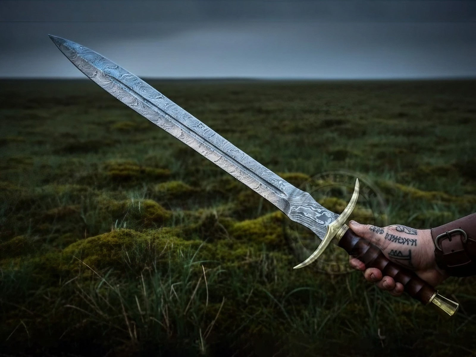 Damascus Steel Double Edge Medieval Sword Full Tang Rosewood Handle-Brass Sword-