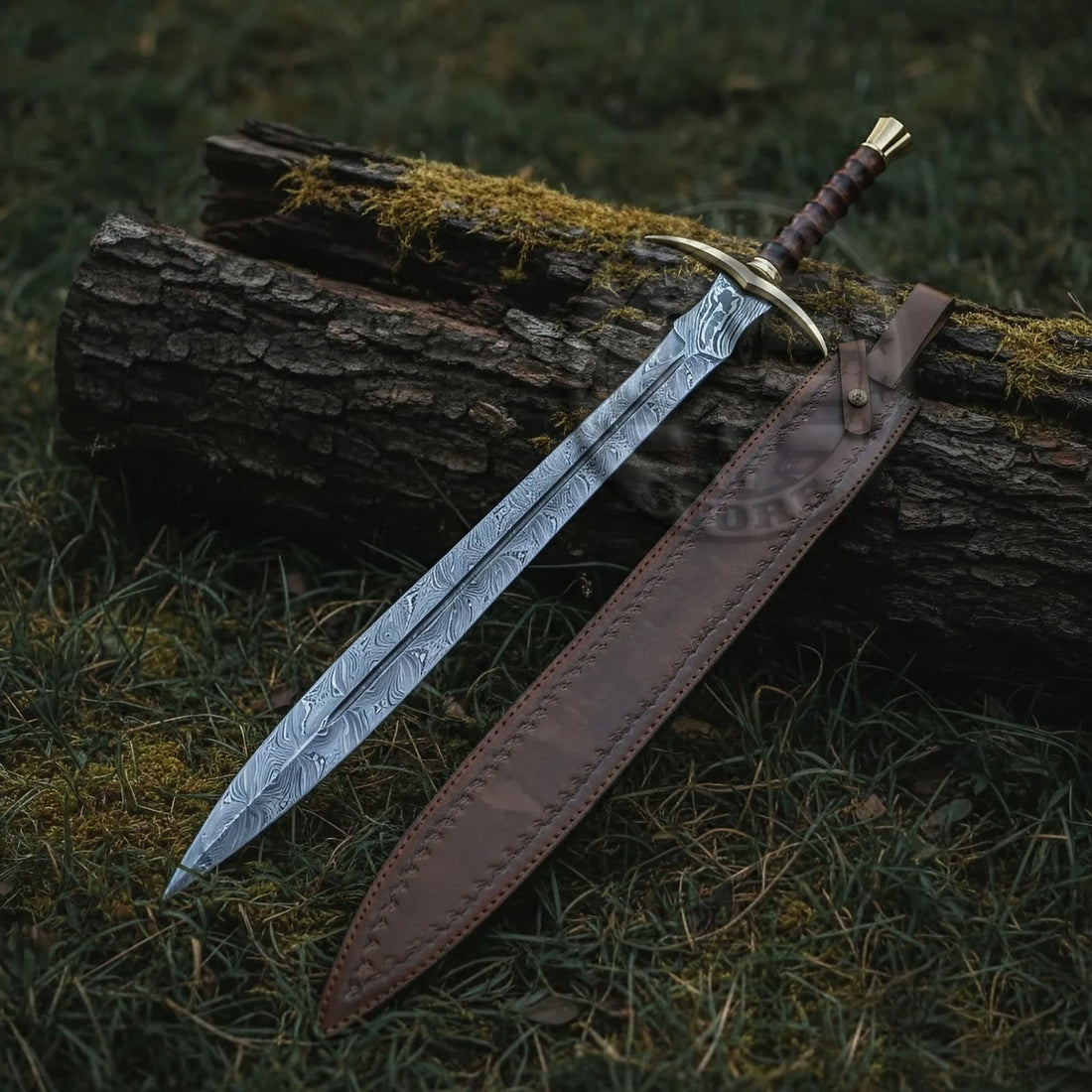 Battle Ready Damascus Steel Medieval Sword with Leather Sheath USA -Brass Sword-