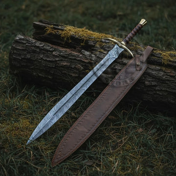 Battle Ready Damascus Steel Medieval Sword with Leather Sheath USA -Brass Sword-