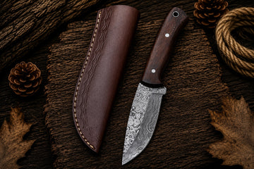 Handcrafted Damascus Hunting Knife with Hardwood Handle & Leather Sheath