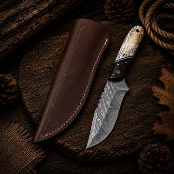 Handcrafted Damascus Hunting Knife with Bone & Hardwood Handle | Fixed Blade with Leather Sheath
