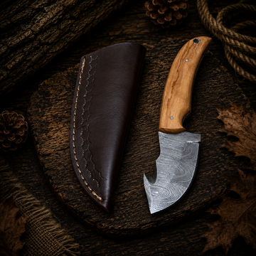 Handcrafted Damascus Gut Hook Hunting Knife with Olive Wood Handle & Leather Sheath
