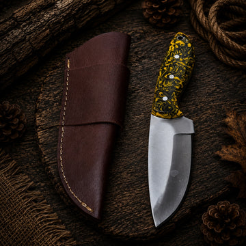 Handcrafted Fixed Blade Hunting Knife with Black & Yellow Resin Handle & Leather Sheath