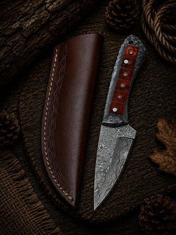 Handcrafted Damascus Hunting Knife with Resin & Stone Handle | Leather Sheath Included
