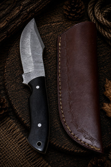 Handcrafted Damascus Skinner Knife with Black Hardwood Handle & Premium Leather Sheath
