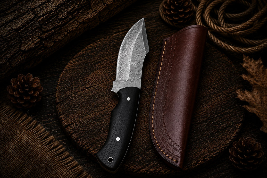 Damascus fixed blade hunter knife with dark wood handle and brown leather sheath