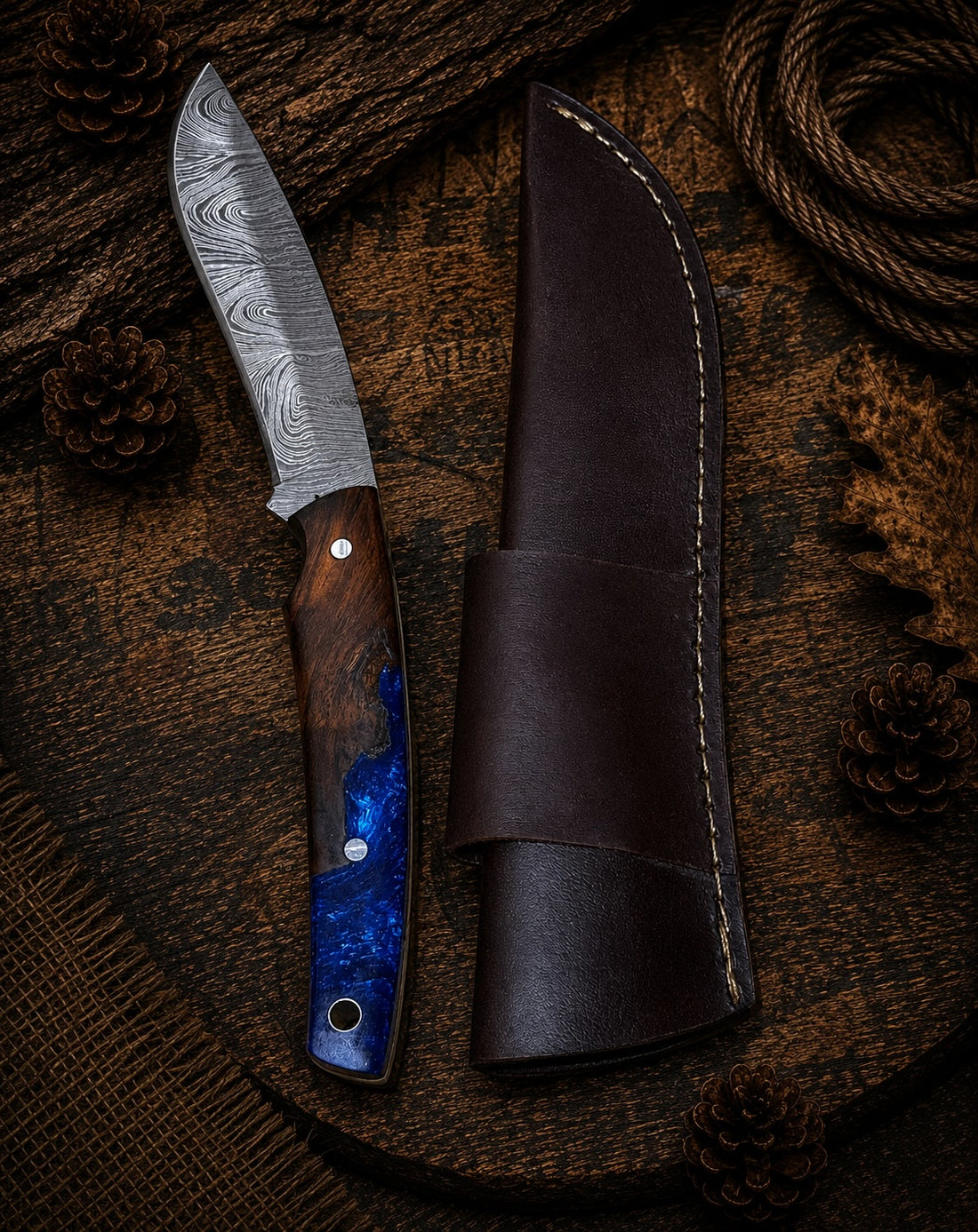 Damascus fixed blade knife with walnut wood and blue resin handle and dark leather sheath