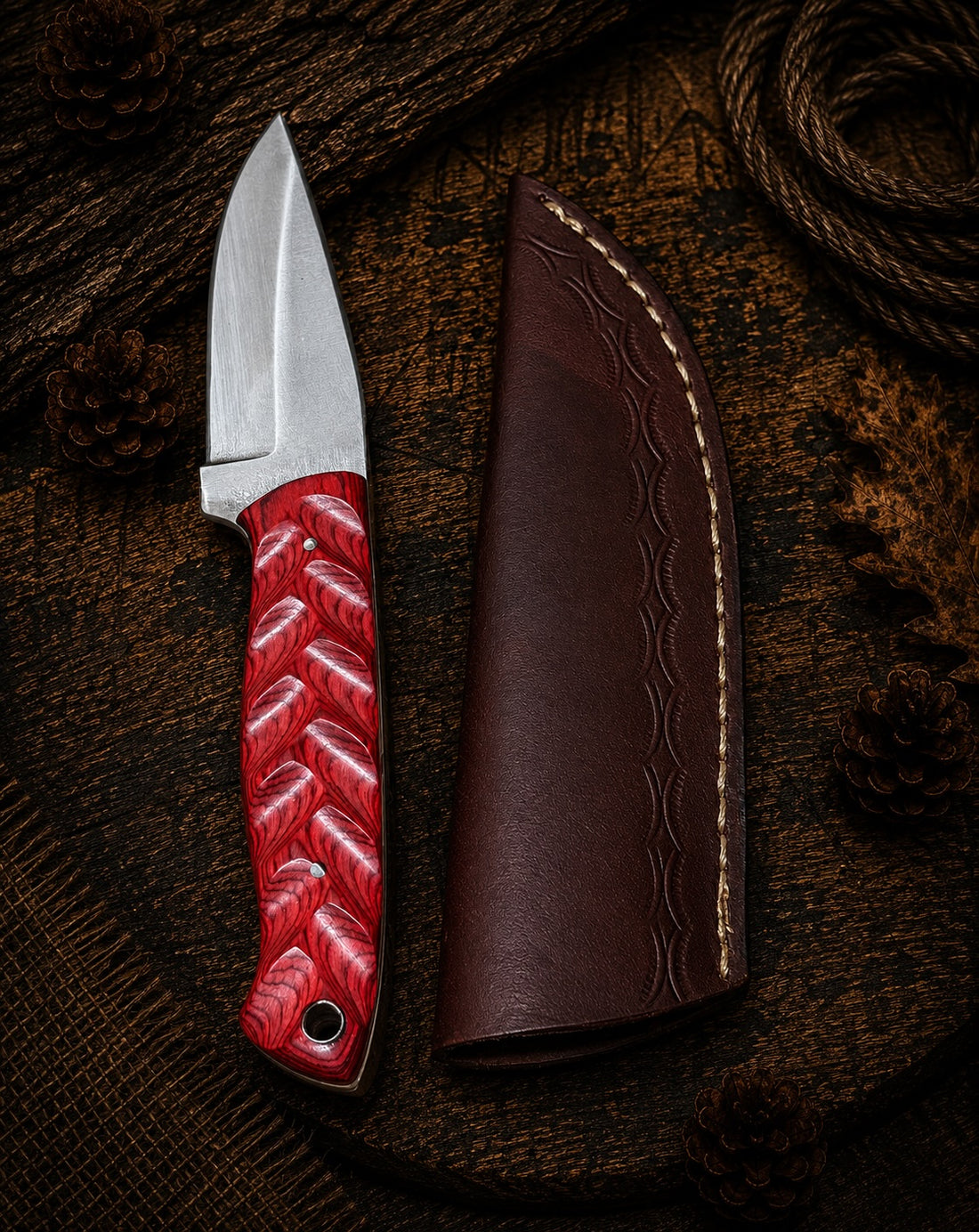 Fixed blade hunting knife with red braided resin handle and dark brown leather sheath