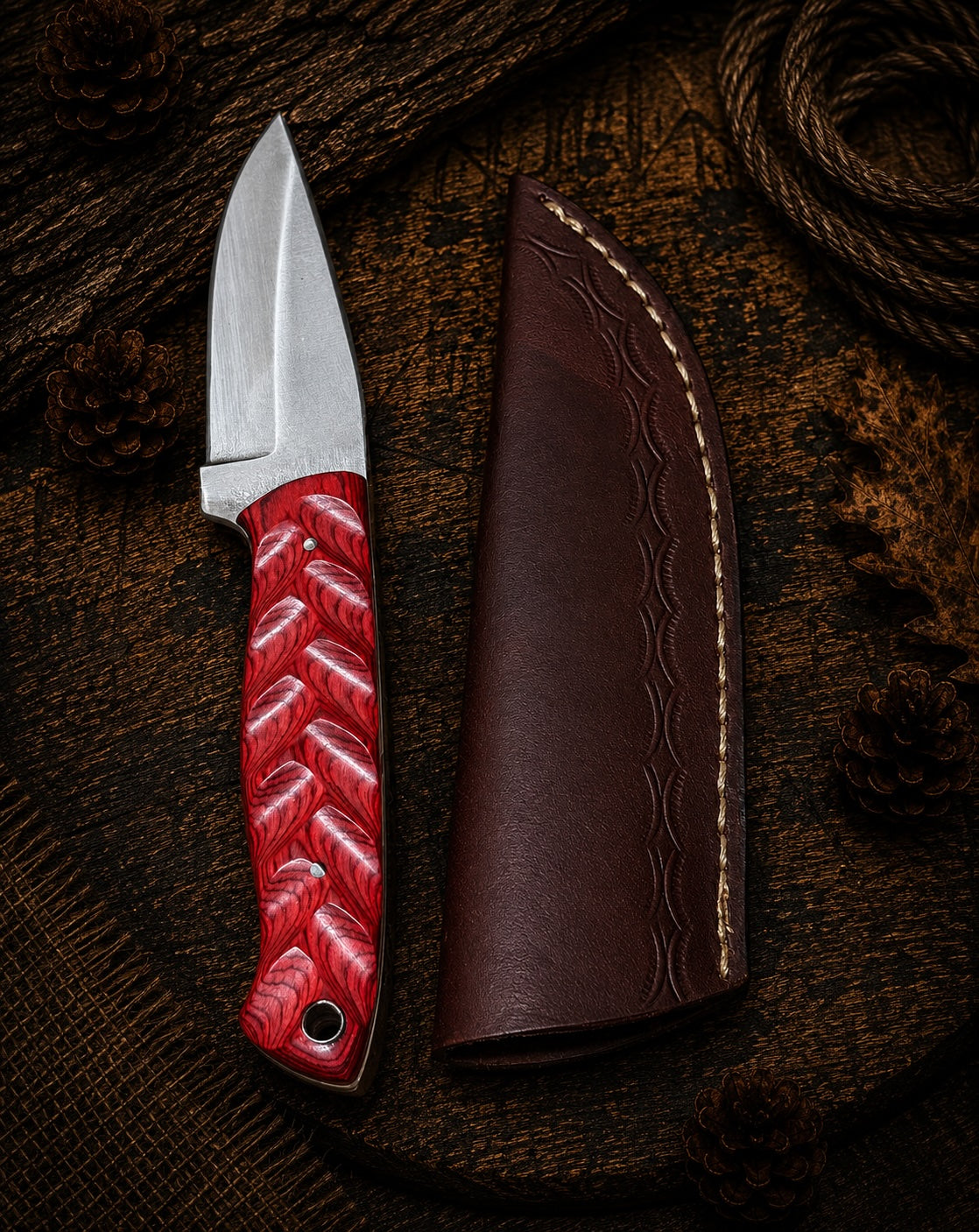 Fixed blade hunting knife with red braided resin handle and dark brown leather sheath