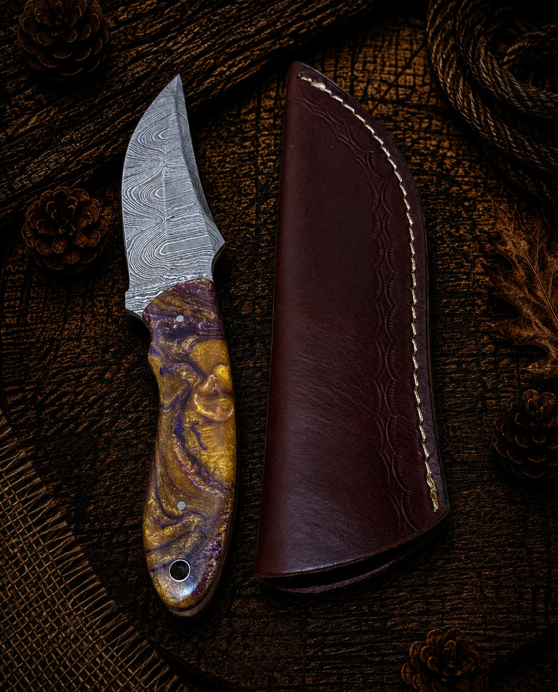 Compact fixed blade hunting knife with spalted natural wood handle and dark brown leather sheath