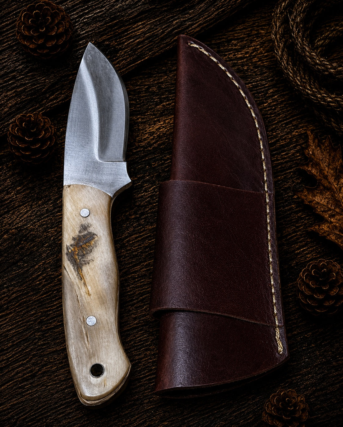 Damascus fixed blade knife with stacked leather handle and blue resin bolster with embossed leather sheath