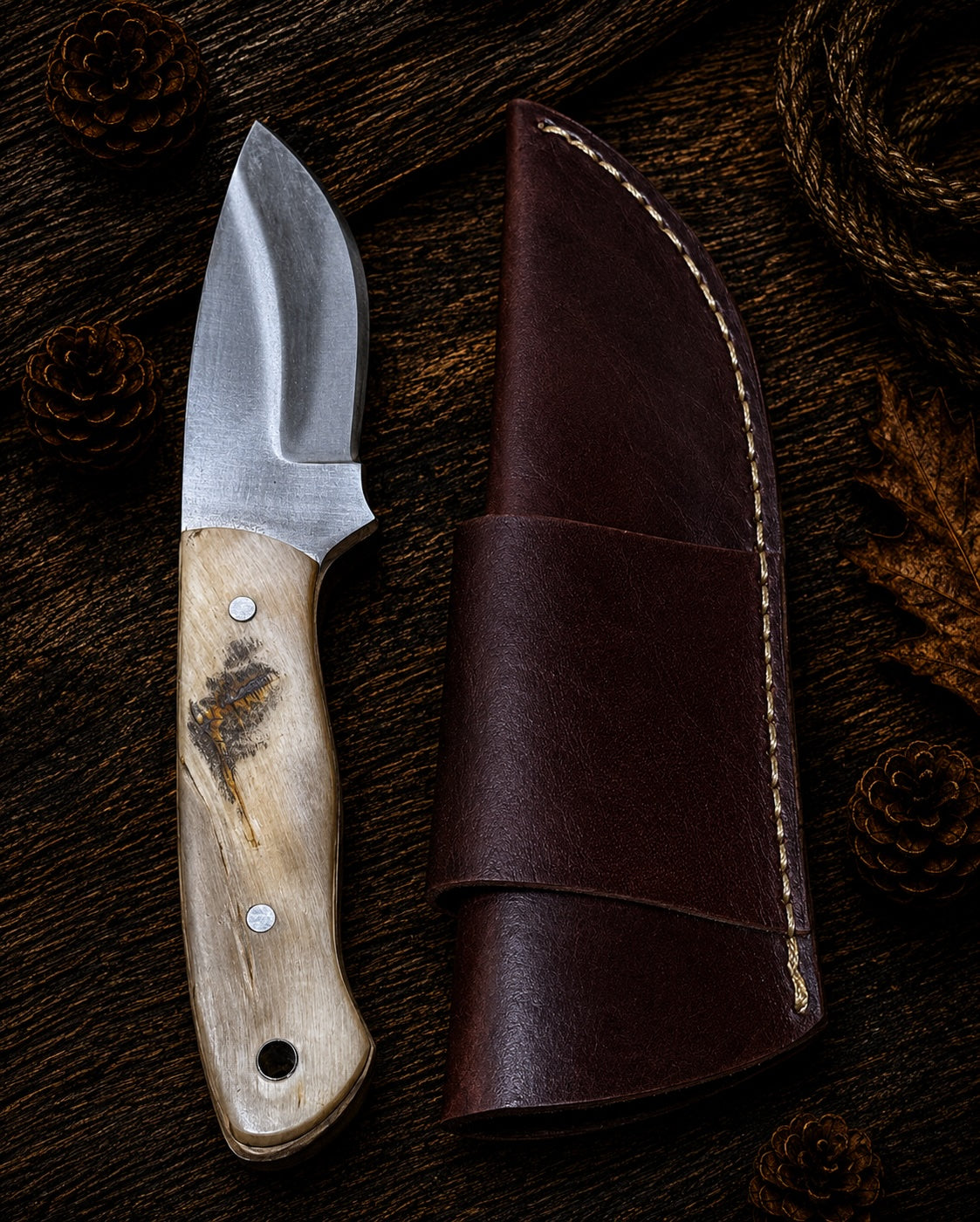 Damascus fixed blade knife with stacked leather handle and blue resin bolster with embossed leather sheath