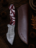Compact Damascus skinner knife with crimson and pearl white swirl resin handle and embossed leather sheath
