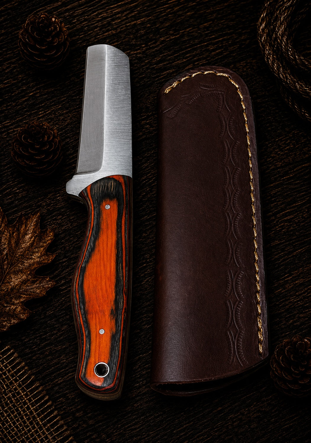 Fixed blade tactical hunting knife with walnut wood handle and serrated spine with dark leather sheath