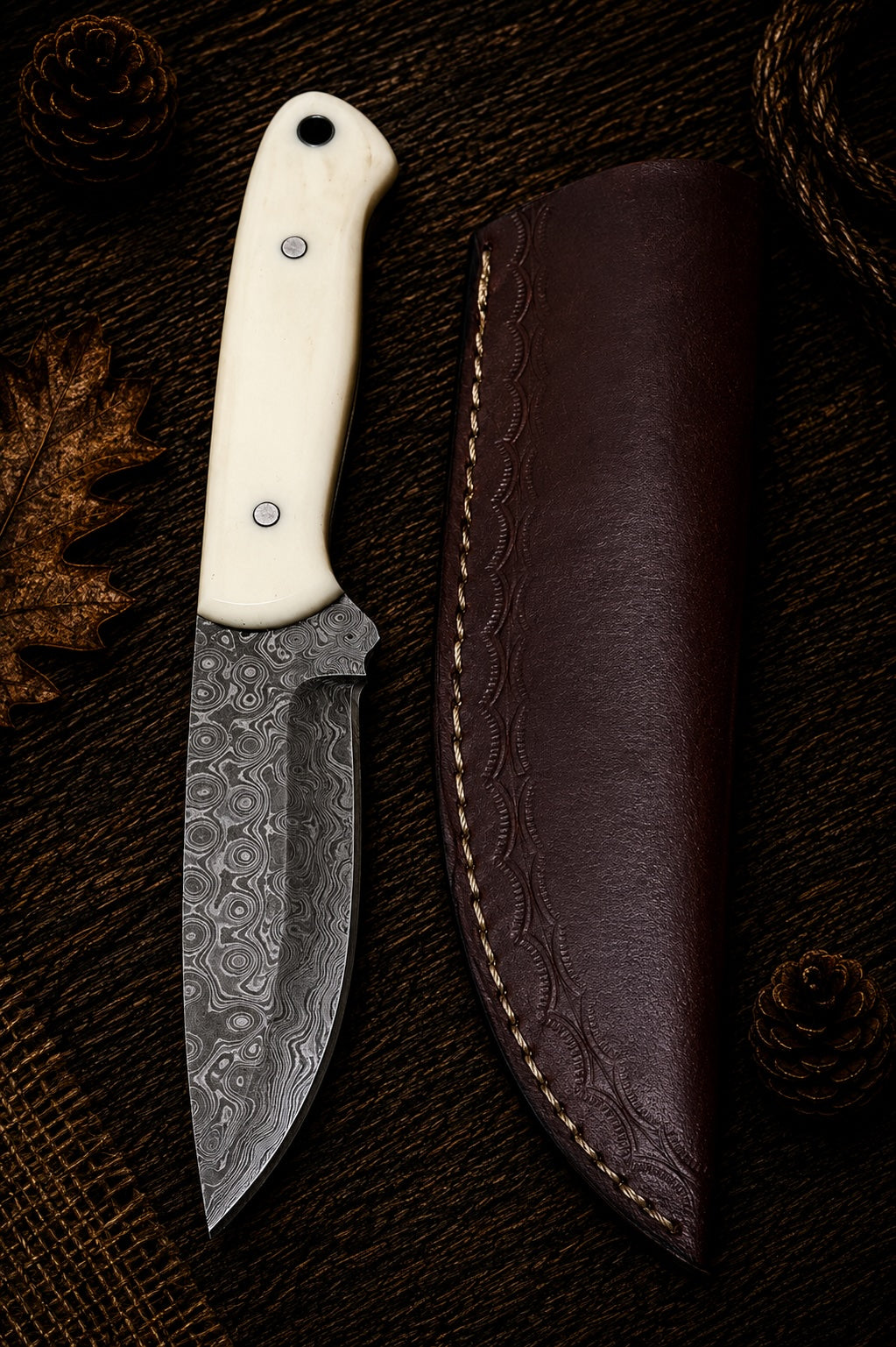 Damascus fixed blade knife with black micarta and blue resin two-tone handle with gold pins and embossed leather sheath
