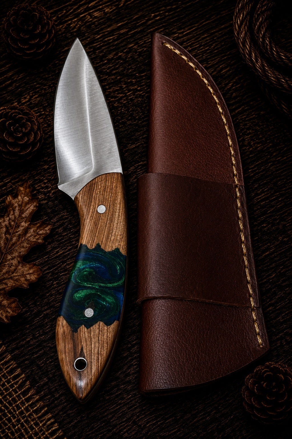 Damascus fixed blade knife with orange and black G10 handle and embossed leather sheath