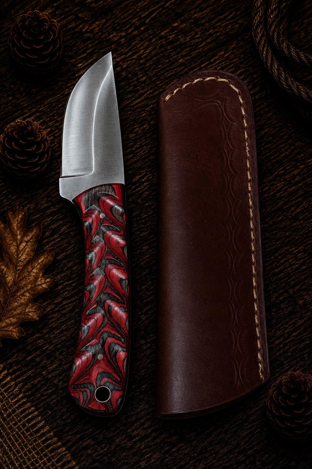 Damascus fixed blade knife with deep blue and red swirl resin handle and embossed leather sheath
