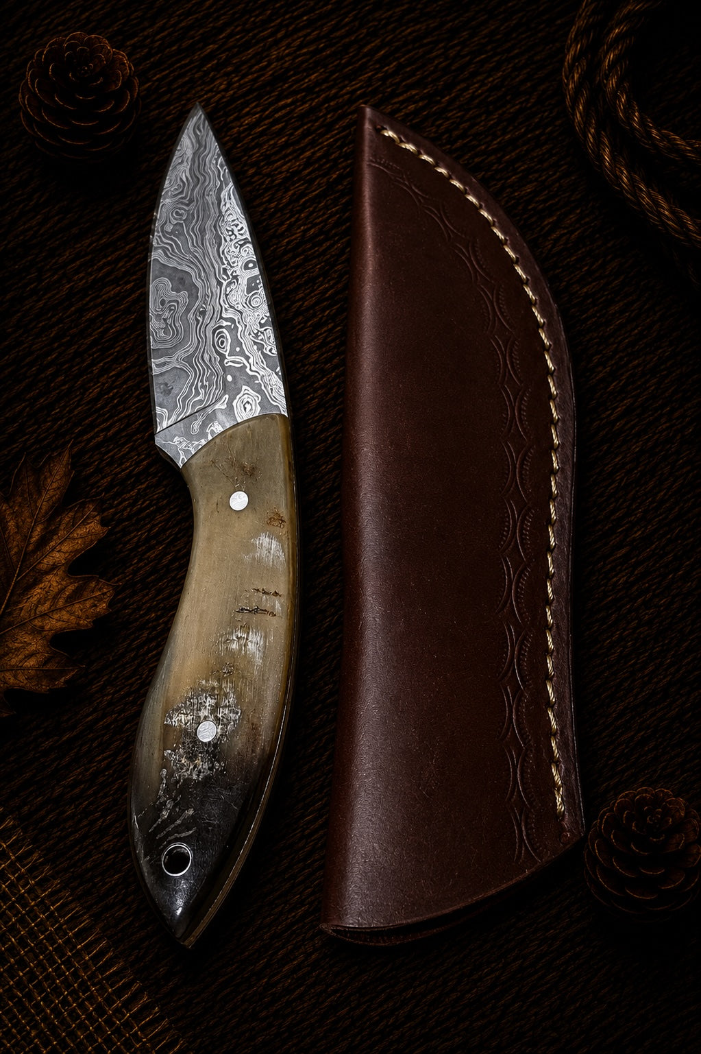 Damascus fixed blade skinner knife with dark rosewood handle and embossed leather sheath
